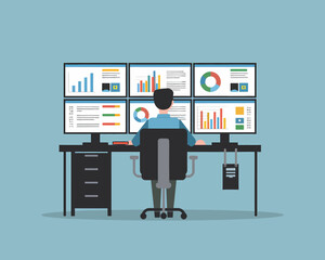 Poster - Financial Analyst Monitoring Stock Data on Multiple Screens for Market Insights and Investment Decisions