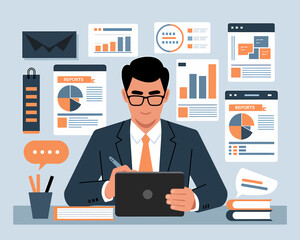 Poster - Businessman Analyzing Data Reports Using Tablet for Strategic Business Decisions and Financial Planning in Modern Office