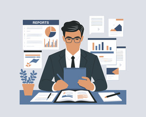 Poster - Focused Accountant Reviewing Financial Reports at Desk - Business Analysis Vector
