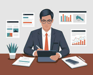Poster - Business Analyst Reviews Reports and Data on a Tablet Computer in Office - Vector Illustration