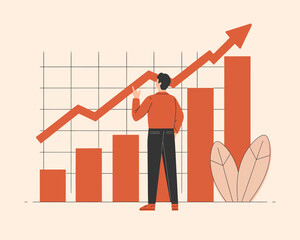 Poster - Successful Business Growth: Man Analyzing Ascending Chart & Bar Graph, Vector Illustration for Financial Planning & Investment Progress