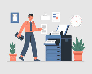 Poster - Office Worker Using Multifunction Printer: Business, Efficiency, and Modern Workplace Illustration