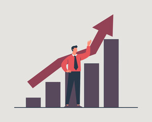 Poster - Business Growth Illustration: Man Standing Beside Rising Bar Graph with Upward Arrow, Success and Performance