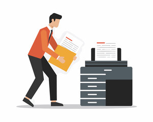 Poster - Businessman Holding Document Folder Near Printer, Flat Vector Illustration