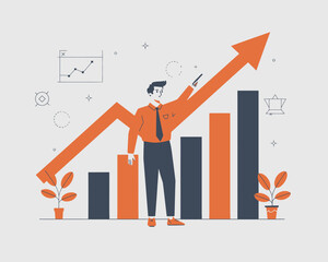 Poster - Businessman presenting positive graph growth. Financial success and market analysis concept shown with rising arrow and chart.