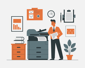 Poster - Office Workflow: Businessman Using Copier for Document Management in a Modern Office Setting