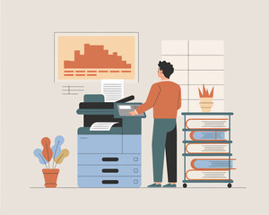 Poster - Office Efficiency: Man Using Multifunction Printer for Document Copying and Scanning in Modern Workplace