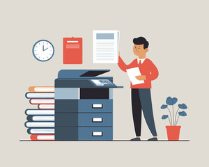 Poster - Illustrative Office Scene: Man Using Copier Surrounded by Documents and Clock, Balancing Workload and Time Management