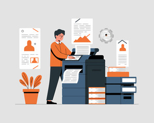 Poster - Illustrative scene showcasing a man operating a modern office copier with document flow and data represented, symbolizing productivity and workflow.