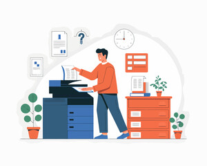 Poster - Man using multifunction printer in office. Worker is making copies of documents or printing important papers with copier machine