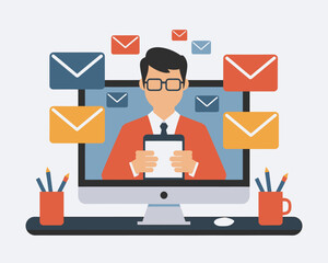 Poster - email marketing manager: vector illustration of businessman holding tablet with floating email icons