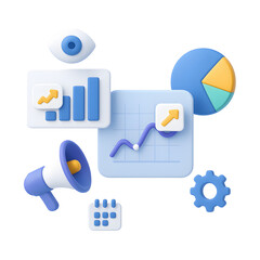 Poster - 3D data analytics PNG icon isolated on transparent background – growth graphs, megaphone and pie charts for marketing insights.
