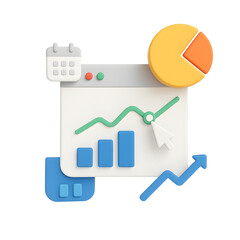 Poster - 3D SEO data graph PNG icon isolated on transparent background – bar chart, calendar, pie graph and growth arrow for analytics interface.
