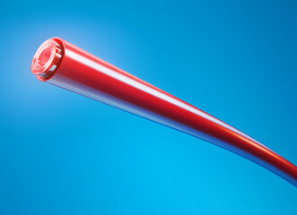 Aufkleber - Red Fiber Optic Cable: The image captures a close-up of a vivid red fiber optic cable against a modern blue background, showcasing its advanced technological design.