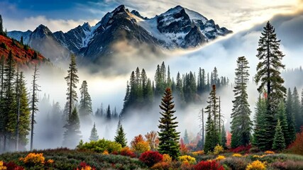 Poster - Misty Mountain Majesty A Breathtaking Autumn Tapestry of Nature's Colors