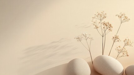 Fototapete - minimalist, abstract nature composition featuring stones and dry flowers set against a neutral beige background.