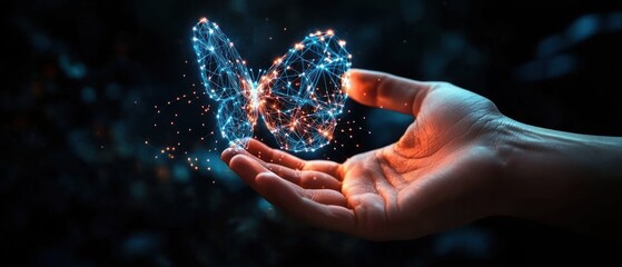 Futuristic Technology Transformation with Human Hand and Holographic Butterfly Concept