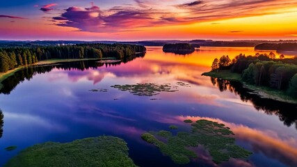 Poster - Sunset Reflections on a Serene Lake A Colorful Aerial View of Tranquil Waters and Lush Islands