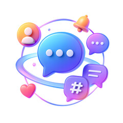Poster - 3D social message PNG icon isolated on transparent background – chat bubble, user avatar, heart, and hashtag in orbit layout.

