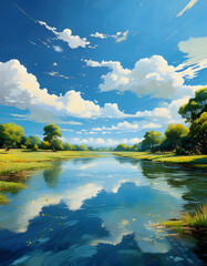 Poster - A serene landscape featuring a calm river reflecting the vibrant sky and fluffy clouds, surrounded by lush greenery and trees