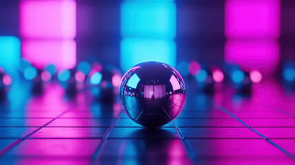 Poster - Reflective Sphere on a Vibrant Neon Background with Colorful Lights and Patterns