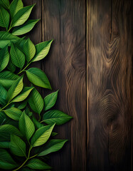 Poster - A lush arrangement of green leaves against a textured wooden background, creating a harmonious and natural aesthetic
