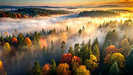 Poster - Autumn Sunrise Over a Misty Forest A Breathtaking Aerial View