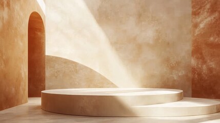 Poster - Minimalist product display stage with earth toned walls arched doorway and soft sunlight casting shadows ideal for showcasing items elegantly
