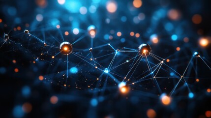 Poster - Abstract network of interconnected glowing spheres and lines creating a futuristic and technological visualization for presentations and backgrounds
