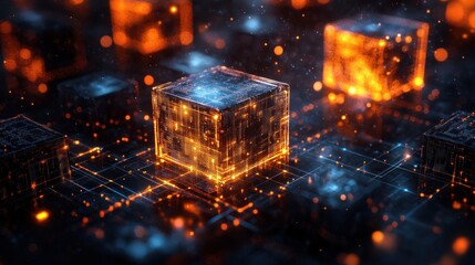 Poster - Glowing technology cubes illuminating a grid network representing artificial intelligence and sophisticated data processing power for modern solutions