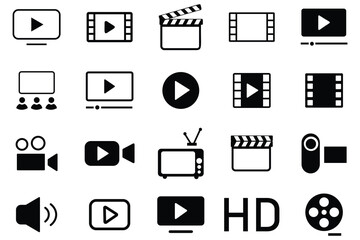 Poster - Video icon vector set.  Containing play or start button, pause or stop, media, camera, live, cinema, spiker, multimedia, film, movie, streaming or online video. 