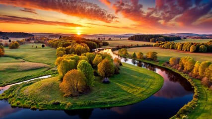 Aufkleber - Serene Sunset Over a Winding River and Lush Green Valley