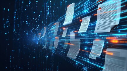 Poster - Dynamic futuristic digital data transfer concept with glowing blue and orange neon lights, floating holographic documents and abstract technology elements on dark background. High-resolution illustrat