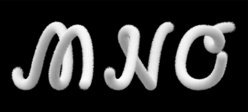 Volumetric fur M, N, O alphabet. White letter. Animal tail hair alphabet. Fluffy font, bubble typescript text. Furry pompom 3d typography. Hairy vector capital script, fuzzy soft puffy plush character