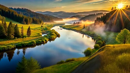 Poster - Sunrise Over a Serene River Valley with Mist and Lush Green Forests