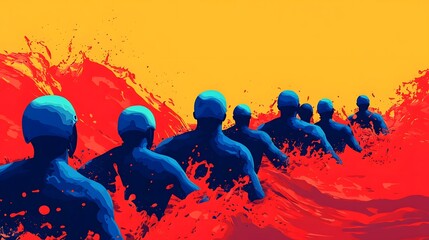 Poster - Silhouetted figures in motion against a vibrant abstract background