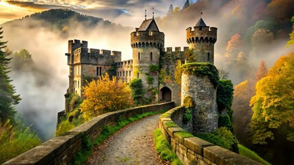 Poster - Mystical castle nestled in a misty forest with autumn trees, a winding pathway, and a cloudy sky