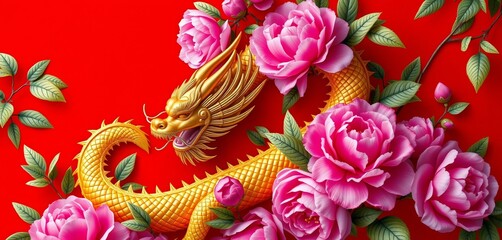 vibrant red backdrop, golden dragon entwined with lush peonies, red, pattern