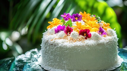 Poster - A beautifully decorated cake topped with coconut shavings and colorful flowers, set against a tropical background with greenery and water. Concept: Tropical Cake, Coconut Toppings, Floral Decorations