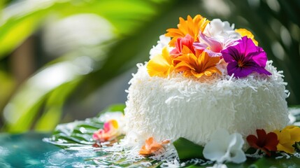 Poster - A beautifully decorated cake topped with coconut shavings and colorful flowers, set against a tropical background with greenery and water. Concept: Tropical Cake, Coconut Toppings, Floral Decorations