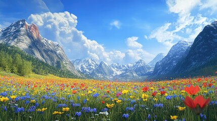 Poster - A breathtaking field of wildflowers in vivid colors, set against towering mountains and a bright blue sky. Concept: Wildflower Landscape, Vibrant Flowers, Scenic Mountains