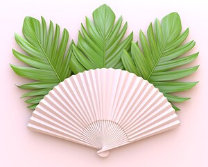Poster - A pink hand fan rests below green tropical palm leaves