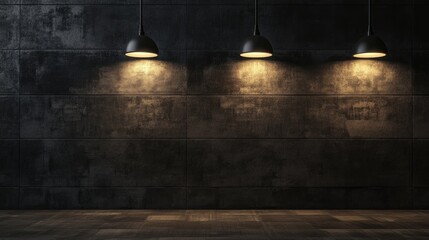 Poster - A dimly lit room with pendant lights illuminating a textured wall and floor, creating a cozy and intimate space. Concept: Ambient Lighting, Textured Wall, Dimly Lit Room