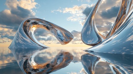 Poster - A dreamlike scene with reflective metallic structures twisting through the sky, set against a peaceful, cloud-filled horizon. Concept: Surreal Landscape, Metallic Forms, Calm Sky