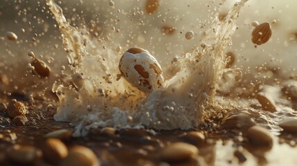 Poster - A dynamic splash of almond milk swirling with almonds, creating an organic, vegan liquid scene that highlights freshness and purity. Concept: Almond Milk, Splash Effect, Organic Vegan
