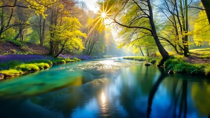 Poster - Sunlight streams through trees onto a flowing river in a vibrant forest