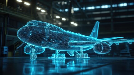 Poster - A glowing blue wireframe model of an airplane in a dimly lit hangar, showcasing a futuristic approach to aircraft design. Concept: Airplane Design, Wireframe Model, Hangar Technology
