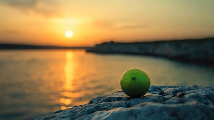 Poster - A lone green fruit resting on a rock by tranquil waters, glowing in the warm light of a sunset over the horizon, creating a peaceful scene. Concept: Serene Sunset, Lone Green Fruit, Tranquil Waters