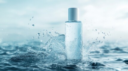 Poster - A minimalist cosmetic bottle on a water surface, with water splashes creating an elegant and fresh vibe in beauty product photography. Concept: Cosmetic Design, Water Texture, Beauty Aesthetic