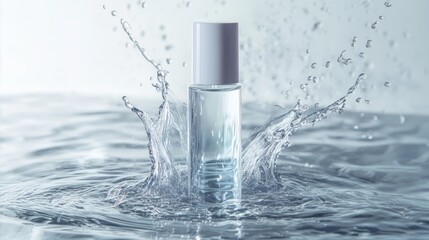 Poster - A minimalist cosmetic bottle on a water surface, with water splashes creating an elegant and fresh vibe in beauty product photography. Concept: Cosmetic Design, Water Texture, Beauty Aesthetic